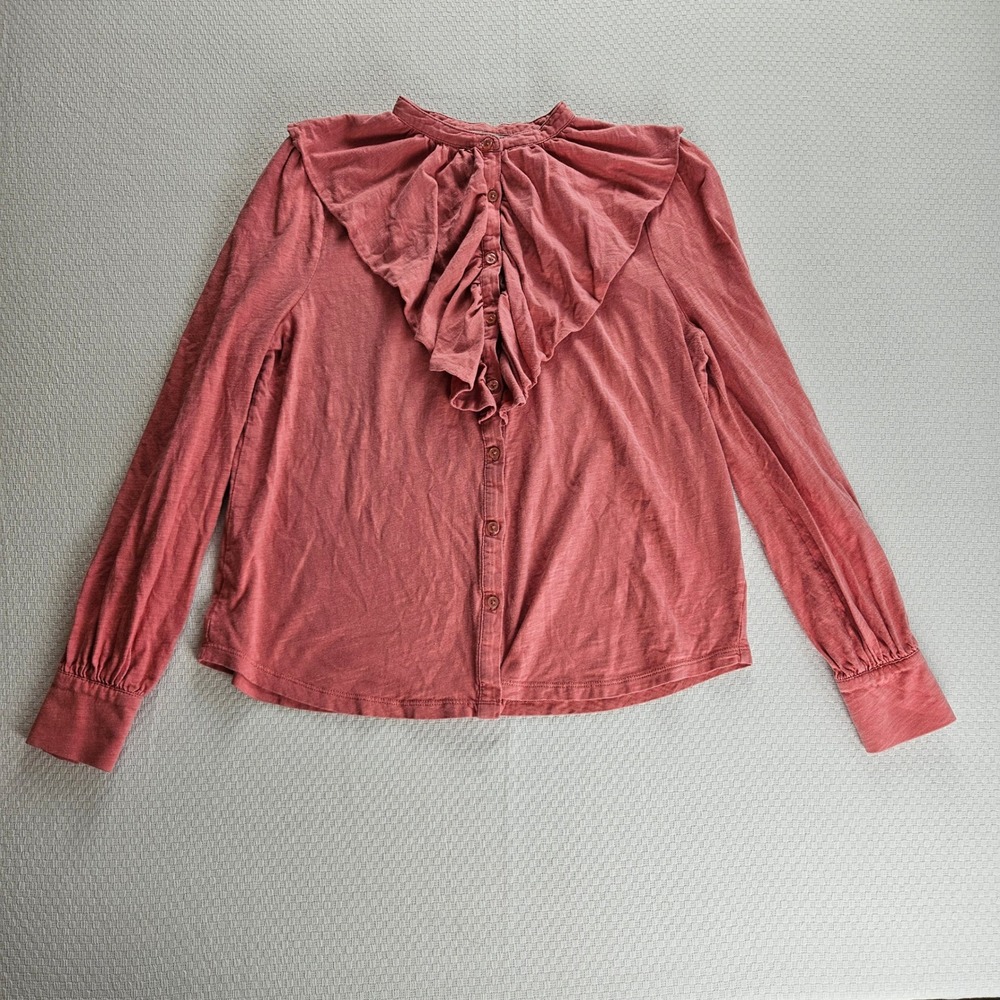 Boden Pink Cotton Ruffle Collar Button Down Top 10 Cottage Victorian Prairie